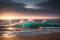 The Veiled Sky bidding Farewell to the Sun, as the Harmonious Waves of the Sea Strive to Reach the Shoreline. AI generated
