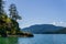 veiw from the shore to Harrison Lake british columbia Canada green land blue water and sky