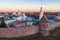 Veliky Novgorod, Historic center, Kremlin, evening view from above, aerial view from drone. Tourist center