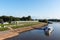 Veliky Novgorod, Russia - August 31, 2018: Panoramic view of the Yaroslav`s Court in summer. Arcade Gostiny Dvor, Embankment and