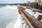 Veliky Novgorod, Russia - January 28 2021: Repair of the embankment of the Volkhov River