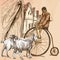 Velocipede - bicyclist. An hand drawn vector picture. Line art i