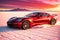 Velocity at Sunset: Red Sport Car Speeding Across the Bonneville Salt Flats Under a Vibrant Sunset Sky, Motion Blur Showcase