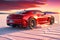 Velocity at Sunset: Red Sport Car Speeding Across the Bonneville Salt Flats Under a Vibrant Sunset Sky, Motion Blur Showcase