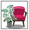 A velvet bright classic armchair and a large monstera flower nearby in a vase. Beautiful isolated armchair. Tropical flower isolat