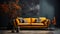 A Velvet Dark Yellow Sofa with a Dark Gray Empty Wall Behind Persian Rug on Floor Lux Side Table Living Room Background