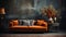 A Velvet Orange Sofa with a Dark Gray Empty Rustic Wall Behind Persian Rug on Floor Lux Side Table in Living Room Background