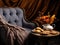 Velvet Reprieve: Chaise Lounge with Silk Cushions and Autumnal Tea Setting on a Gradient Gray Canvas