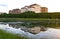 Venaria Reale, Piedmont, Italy. July 2021. Amazing view of the palace seen in three quarters at the golden hour. Pleasant symmetry