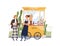 Vendor and customer having friendly conversation at bakery booth vector flat illustration. Guy seller working at