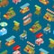 Vendor Food Street Signs 3d Seamless Pattern Background Isometric View. Vector