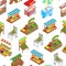 Vendor Food Street Signs 3d Seamless Pattern Background Isometric View. Vector