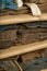 Veneered oak veneer folded into piles in the basement.