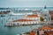 Venetian aerial cityscape view of Basilica Santa Maria della Salute from San Marco Campanile. Venice, Italy. Cruise ship