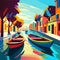 Venetian canal with colorful houses and boats. Vector illustration. AI Generated