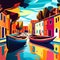 Venetian canal with colorful houses and boats. Vector illustration. Generative AI