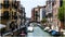 Venetian canals with the boats, parked on sides and busy streets with small cafes