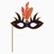 Venetian carnival face mask with feathers and handle. Decoration accessory for masquerade party. Vector.