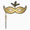 Venetian carnival face mask with feathers and handle. Decoration for masquerade party. Vector.