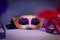 Venetian, carnival, theatrical face mask, with place for text on a dark background. Stealth, theater day