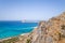 The Venetian castle on its arid rock , in Europe, Greece, Crete, Balos, By the Mediterranean sea, in summer, on a sunny day