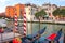 Venetian gondolas in canal Venice, Italy. Venice downtown. Venezia city with traditional gondola