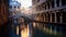 Venetian landscape. Canals, bridges and palaces with beautiful reflection in water, early morning hours.