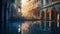 Venetian landscape. Canals, bridges and palaces with beautiful reflection in water, early morning hours.