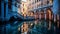 Venetian landscape. Canals, bridges and palaces with beautiful reflection in water, early morning hours.