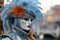 Venetian masks at dawn in venice. Carnival in italy. People in suits