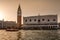 Venetian sunset, view of the Campanile and the Palazzo Ducale from the Giudecca Canal. Venice, Italy