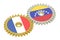 Venezuela and France flags on a gears, 3D rendering