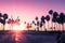 Venice beach Sunset in Los Angeles with a pedestrian walk during orange sunset. Empty beach