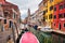 Venice canal cityscape, Italy. Scenic italian exterior in Venezia. Boats on street canal and historical buildings