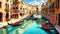 Venice canals with gondolas atmospheric landscape , oil painting style illustration