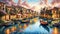 Venice canals with gondolas atmospheric landscape , oil painting style illustration