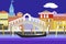 Venice city colorful flat style vector illustration. Cityscape with embankment, buildings and gondola. Composition for your design