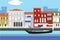 Venice city colorful flat style vector illustration. Cityscape with embankment, buildings and gondola. Composition for your design