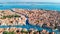 Venice city Grand Canal and houses aerial drone view, Venice island cityscape and Venetian lagoon from above, Italy