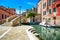 Venice cityscape, water canal, bridge and traditional buildings.