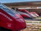 Venice, Italy - 08 May 2018: Railway station of Venice. The nose of the locomotives standing in a row. Trenitalia is the