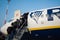 Venice, Italy - 20 january 2020: people in airport runway stairs boarding a low cost ryanair flight with clear blue sky during