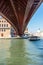 Venice, Italy - 30 June 2018: The underside bottom of a modern bridge on a grand canal in Venice, Italy