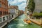 VENICE, ITALY - August 02, 2019: One of the thousands of lovely cozy corners in Venice on a clear sunny day. Locals and tourists