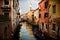 VENICE, ITALY - Feb 09, 2016: A typical Venetian canal, with Venetian architecture on both sides reflecting in the canal\\\'s water