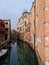 Venice, Italy - February 2019: Canal veiw with venetian buildings reflection in water