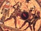 VENICE, ITALY - JULY 02, 2017: Detail from an old historical greek paint over a dish. Mythical heroes and gods fighting on it