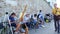 Venice, Italy - July 7, 2018: on the pier of Venice, many artists, an adult group, students of art school hold a lesson