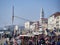 Venice, Italy - March 2, 2019 Crowd of tourists at Ferry Terminal Zaccaria with Campanile of Saint Mark Church
