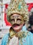 Venice, Italy - March 2, 2019 Portrait of a person dressed with a Venetian costume in a market for buy and rent costumes